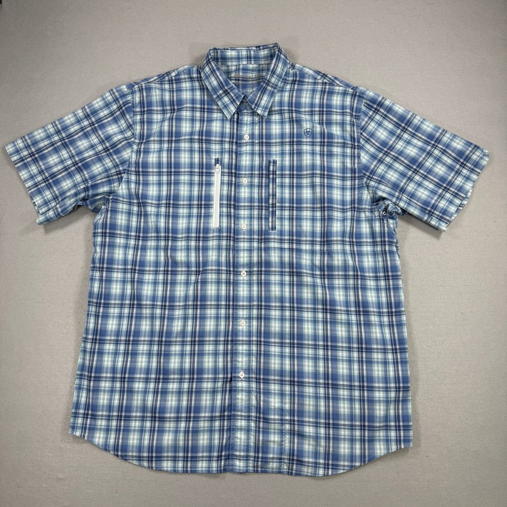 Ariat‎ Fishing Shirt Mens XL Blue Plaid Button Down AriatTek Short Sleeve Vented